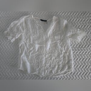 Fenini Linen Emboidred White Short Sleeve Blouse